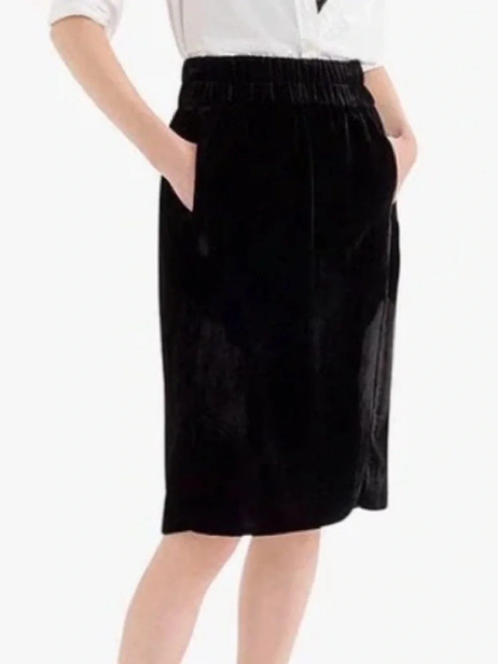 J. Crew Black Velvet Pull On Midi Skirt Size XS Pockets Elastic Waist Office